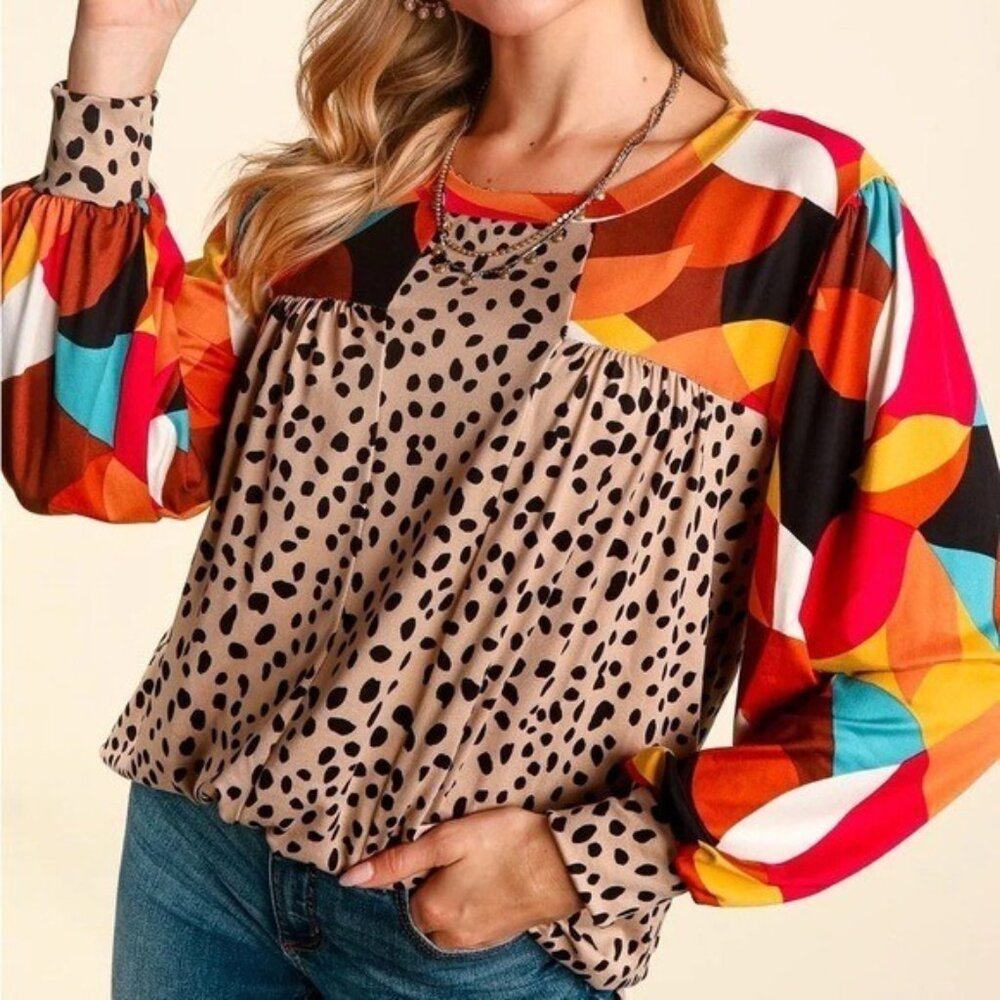 Artsy Geometric Animal Print Top Women Size large Long Sleeve Colorful Boho - Picture 6 of 16